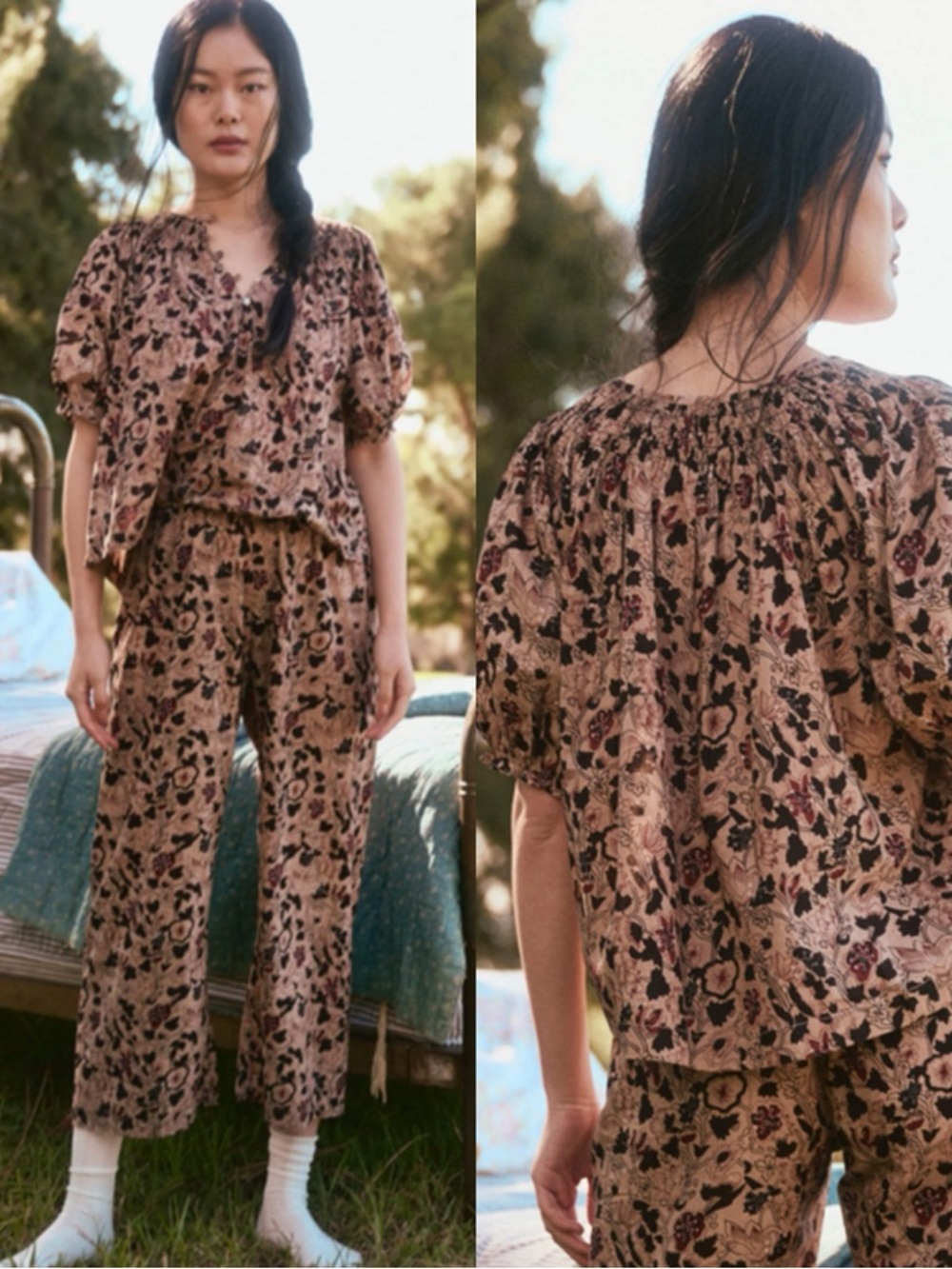 THE GREAT. Canyon Floral Sleep Button Up Short Sleeve Smocked Top Shirt Blouse